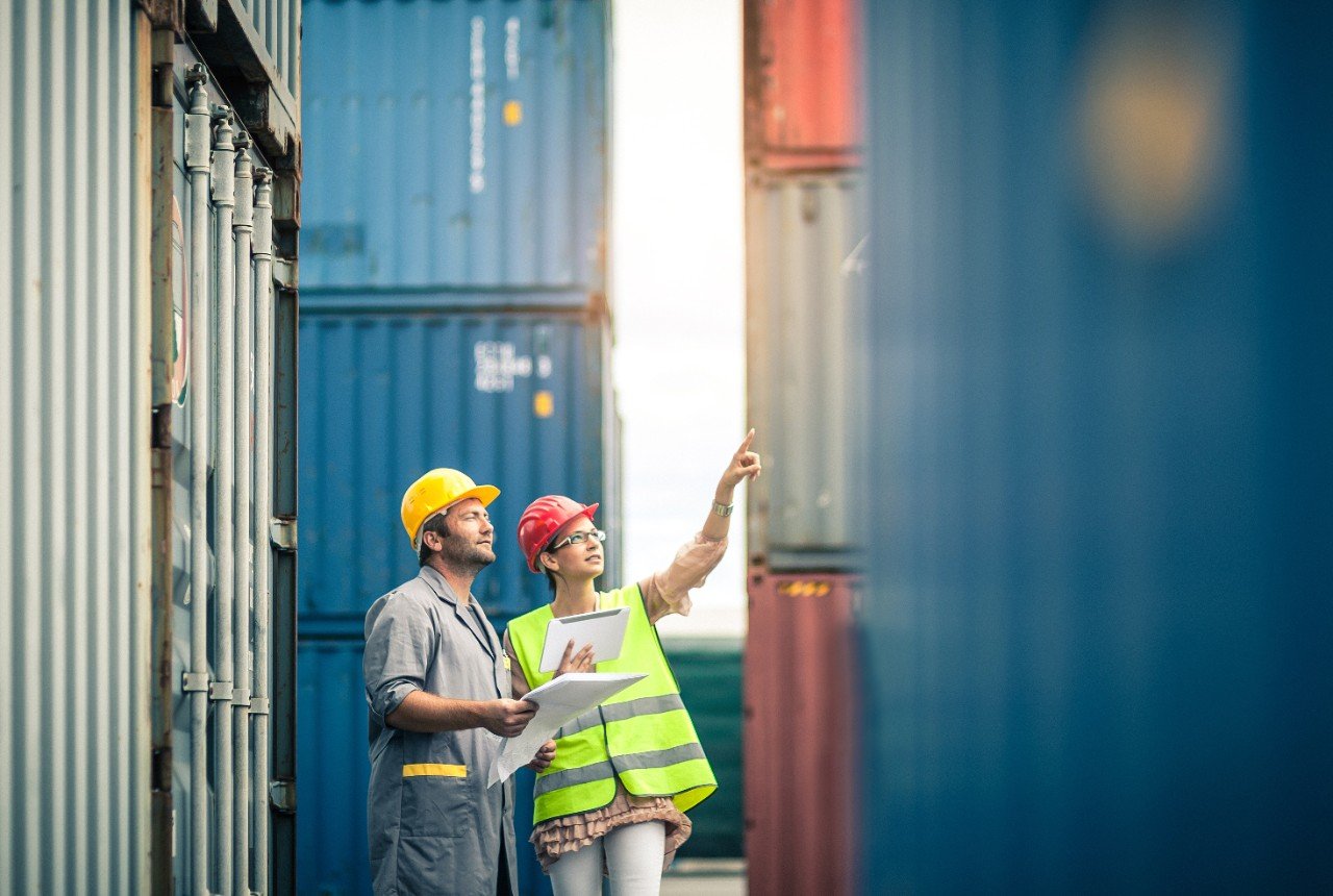 Commercial docks worker and inspector at work